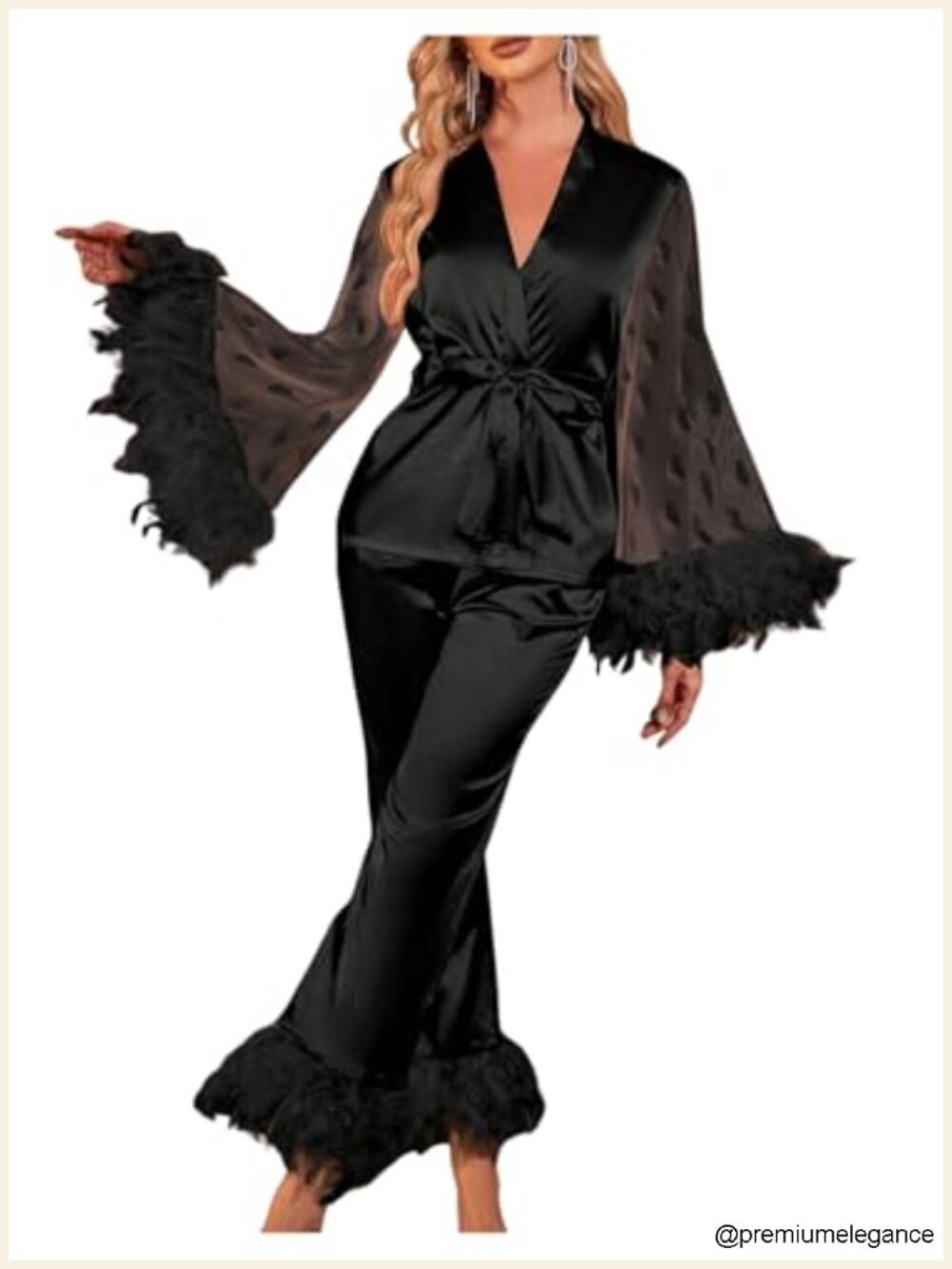 Feather Trim Pajama Set Women Satin Lounge Wear V-Neck Belted 2 Piece